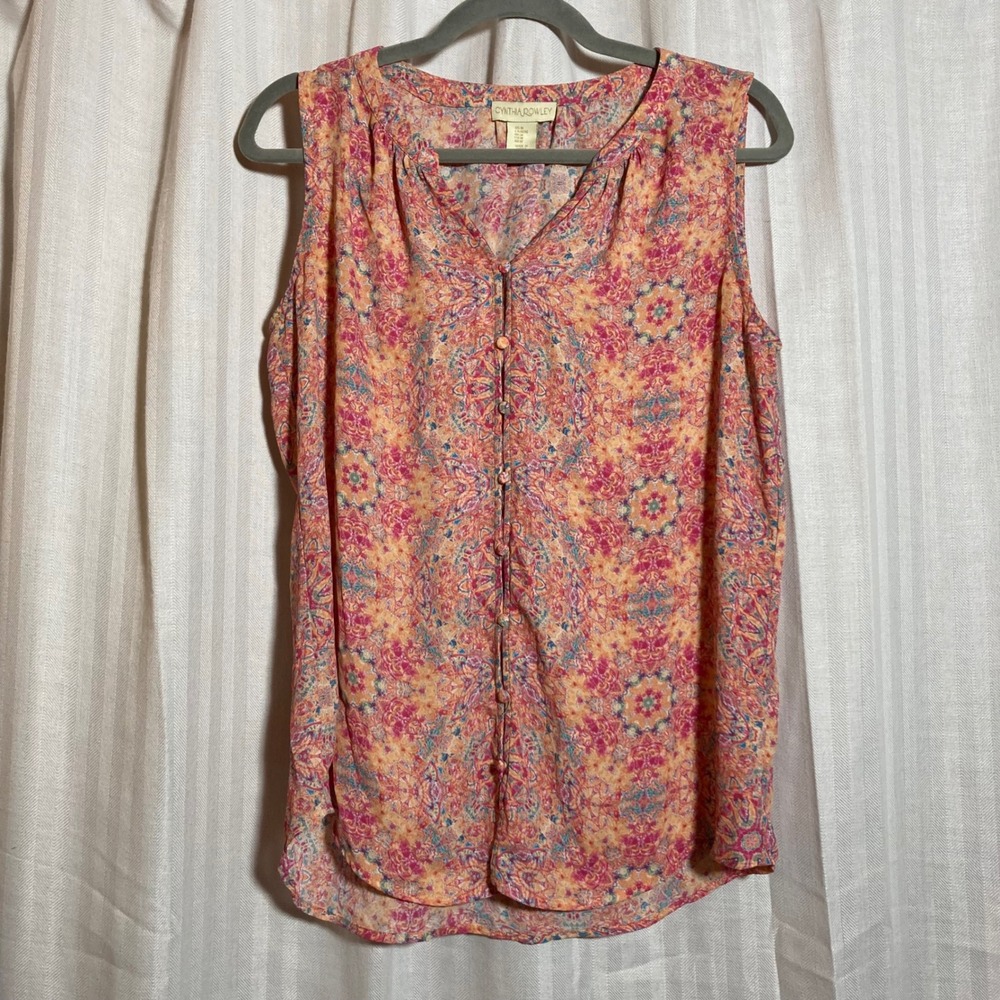 Cynthia Rowley Women Pink Orange Paisley Sleeveless Button Front Blouse M Spring